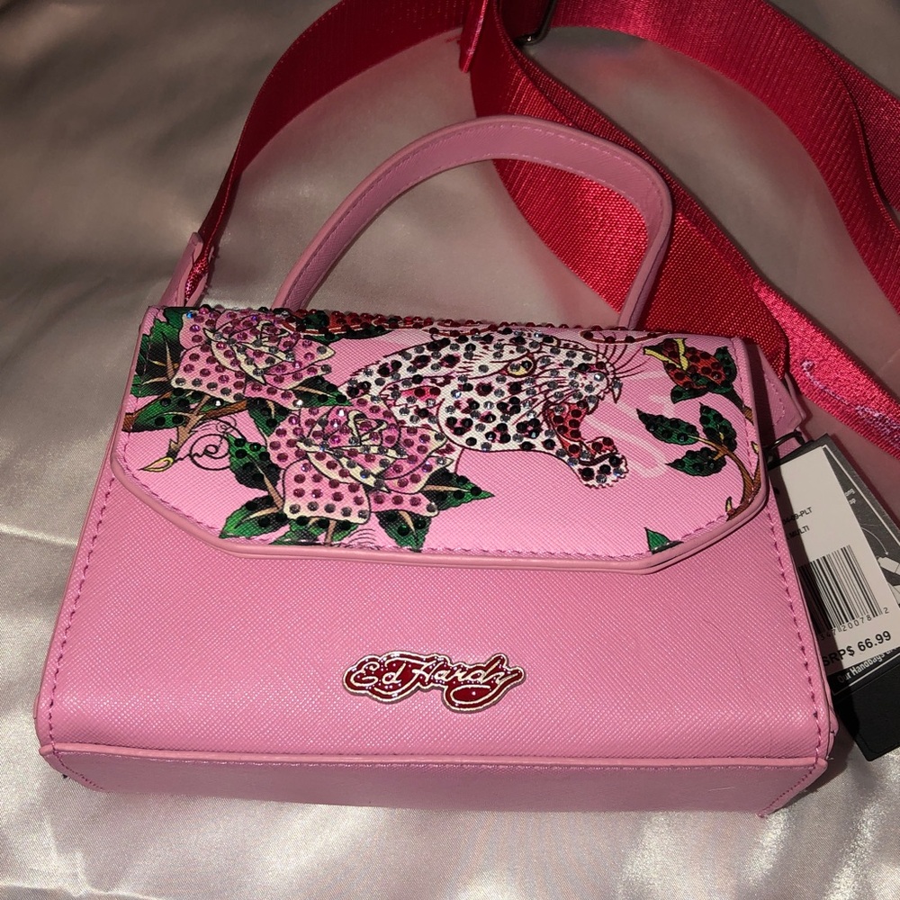 Ed Hardy Pink Multi Faux Leather Top Handle Crossbody Bag Leopard & Floral NWT - Picture 3 of 16